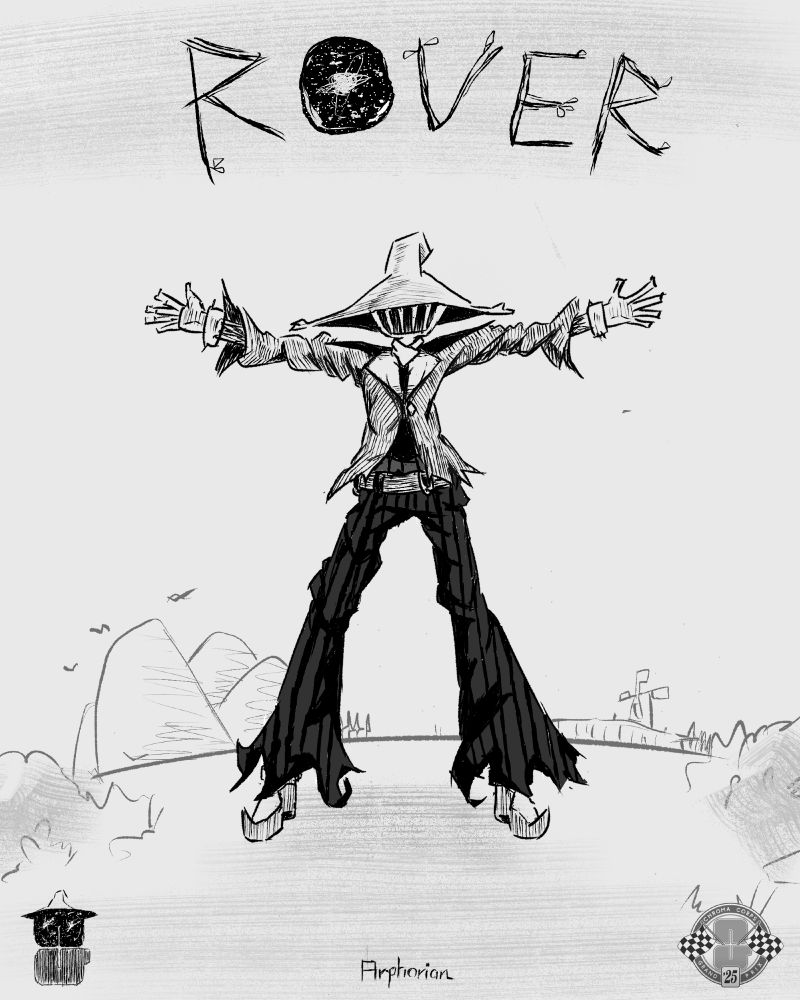 Art of an original scarecrow-esque character standing with his arms and legs out amongst a backdrop of mountains and farmland. 'ROVER' - the name of the character is drawn on the top of the image.