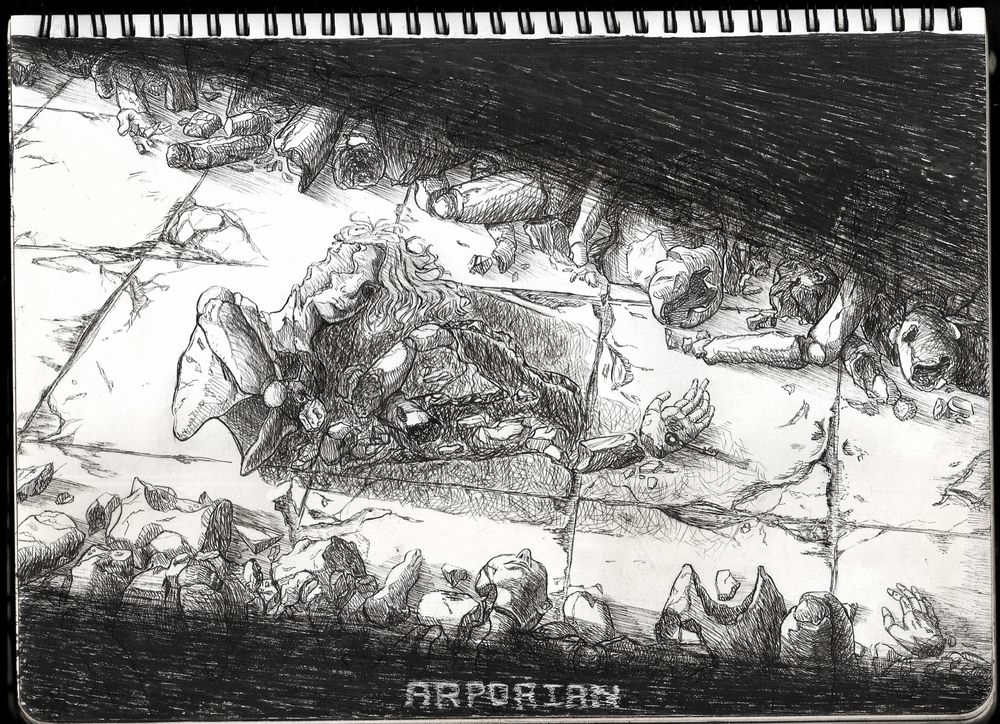 Illustration of a broken human puppet/doll lying on the ground. Broken body parts of the puppet scattered beside it. Surroundings depict similar puppets/dolls mangled and in pieces, veiled in shadow, partially lit by an unseen light.