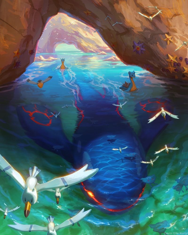 A digital painting of the pokemon Kyogre, swimming through sparkling green/cyan/blue water. Above Kyogre we see a series of natural rock formations, covered in Starmie and Staryu. Wingull fly through the air around Kyogre, and Lapras glide along behind it.