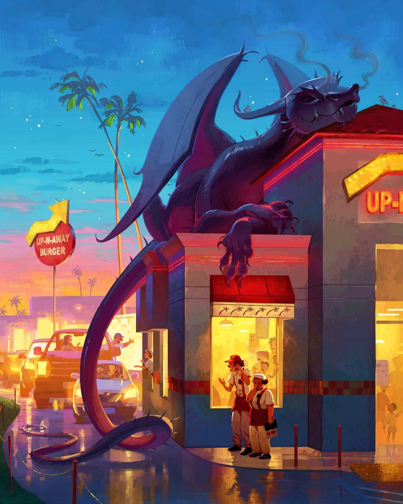 A digital illustration of a dragon sleeping on the roof of a burger joint ("Up n Away burger" a parody of In-n-out) drive-through at sunset. The dragon's tail is blocking the drive-through. Employees have mixed reactions, both laughing and frustrated. The car line is backing up. Some drivers laugh and take pics, others are annoyed.