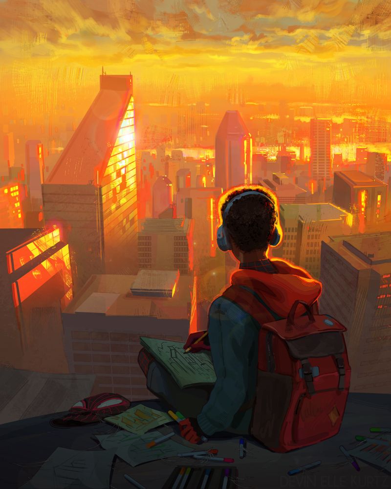A digital painting of Miles in his Into the Spiderverse outfit, sitting on a curved rooftop, overlooking NYC and sketching the skyline in his sketchbook. It is a warm, golden, orange sunset. He wears his backpack and headphones, with his mask next to him. 
