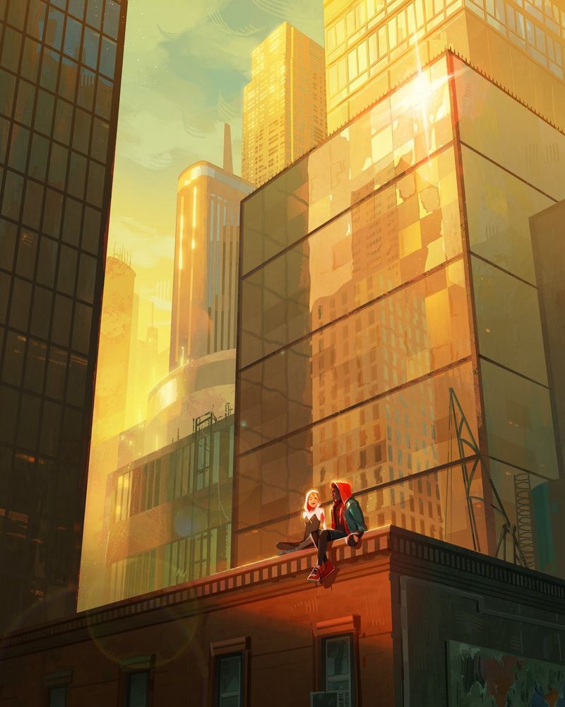 Digital painting of miles and Gwen from the spiderverse movies. They are sitting on the roof of a building at golden hour. The sunlight gleams off of a reflective window behind them. The sky is golden. The light is warm. The two kids are laughing together 