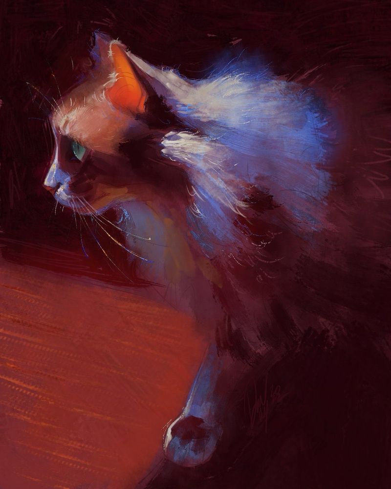 A digital painting of a gray cat stepping into the sun. The cat is turned to face the left. The colors are deep red, silver, purple, and saturated peach. The fur and ear are illuminated brightly in the sun