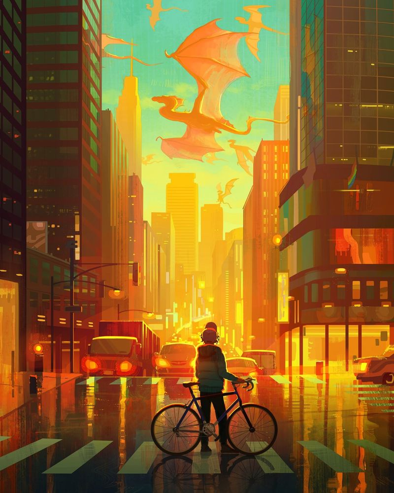 A boy stops his bike in the middle of a rainy crosswalk to gaze up at powerful migrating dragons flying above the PNW city streets. We see cars, skyscrapers, traffic lights, etc. The colors are teal, cyan, yellow, and brown.