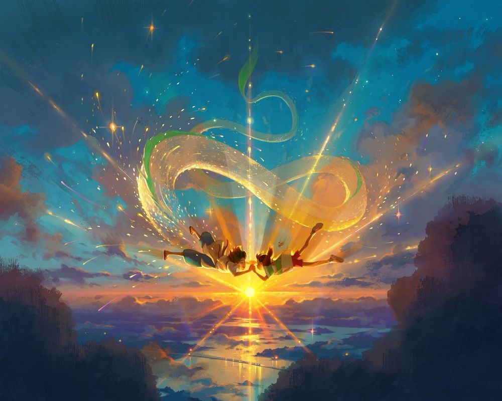 A digitally illustrated fanart painting of Haku and Chihiro from the Ghibli film “spirited away” during the scene where they fall from the sky and float. Haku’s dragon body is evaporating into scales. He and Chihiro face each other in midair and clasp hands. The sun shoots out beams of light in all directions. The colors are blue and gold