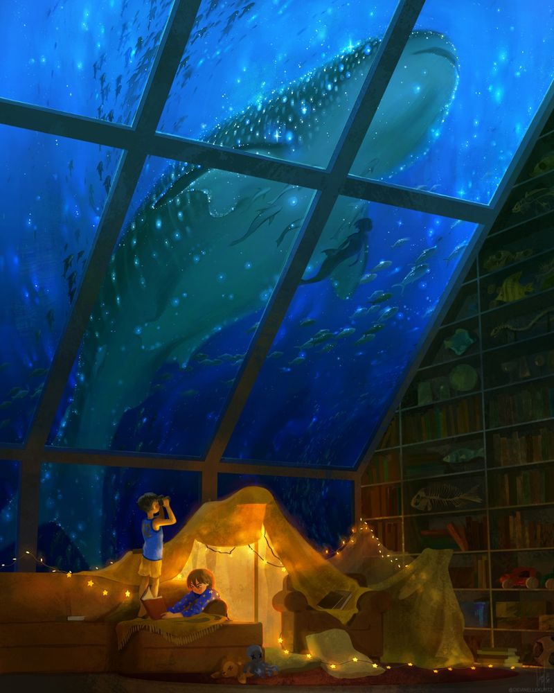 Two young boys have built a warm, glowing fort out of blankets, pillows, and fairy lights. They are in a library with big windows. Outside the windows is a deep blue ocean with fish, a whale shark, and a mermaid. One boy reads from a book. He wears star PJs. The other boy stands on the couch with binnoculars.