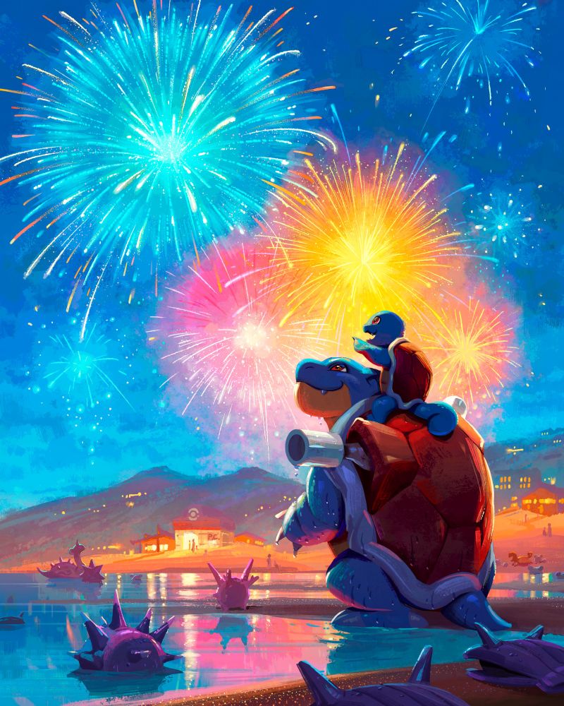 A digital illustration of Pokémon gathering on the ocean shore to watch fireworks in the night. A blastoise with a squirtle on its shoulders is prominent. The squirtle points at one of the fireworks, in the pattern of a Pokéball. We see an assortment of other pokemon like Lapras, Starmie, Corsola, and Shellder. In the distance are various buildings including a pokemon center.