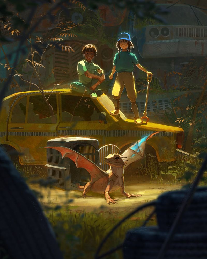 In this follow up to the quote reposted illustration, the two kids who captured the baby dragon have patched its wing with some sort of blue, flexible material. The dragon is bigger now, and looks healthy. It emerges from a dog kennel in a junkyard car lot clearing. The two kids are perched on a broken down yellow taxi and look on proudly as the dragon stretches its repaired wings
