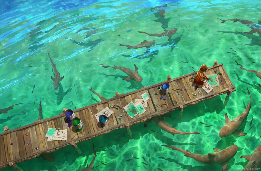 A digital painting of a young girl, sitting on her knees on a wooden dock above a shallow harbor. Blacktip reef sharks circle the water around her. She is surrounded by art supplies, and is painting the sharks