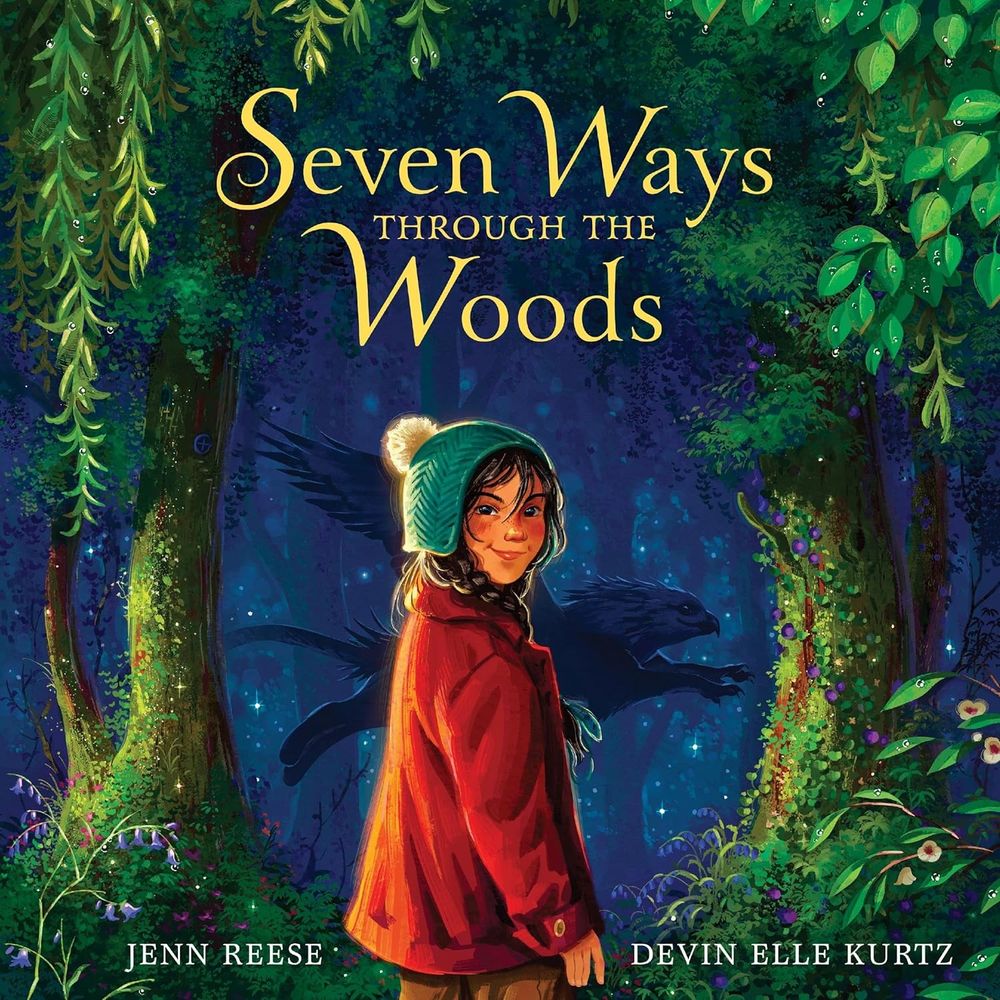 In the cover of "Seven Ways Through the Woods by Jenn Reese and Devin Elle Kurtz, we see a peachy-skinned girl with dark hair and dark eyes stand with her back to us, turning to look over her shoulder, beckoning us into the scene. She wears a red coat and a teal hat with a pom on top. Beyond her is a sparkling, dazzling green forest, with the silhouette of a leaping gryphon seen through the gap between mossy trees.