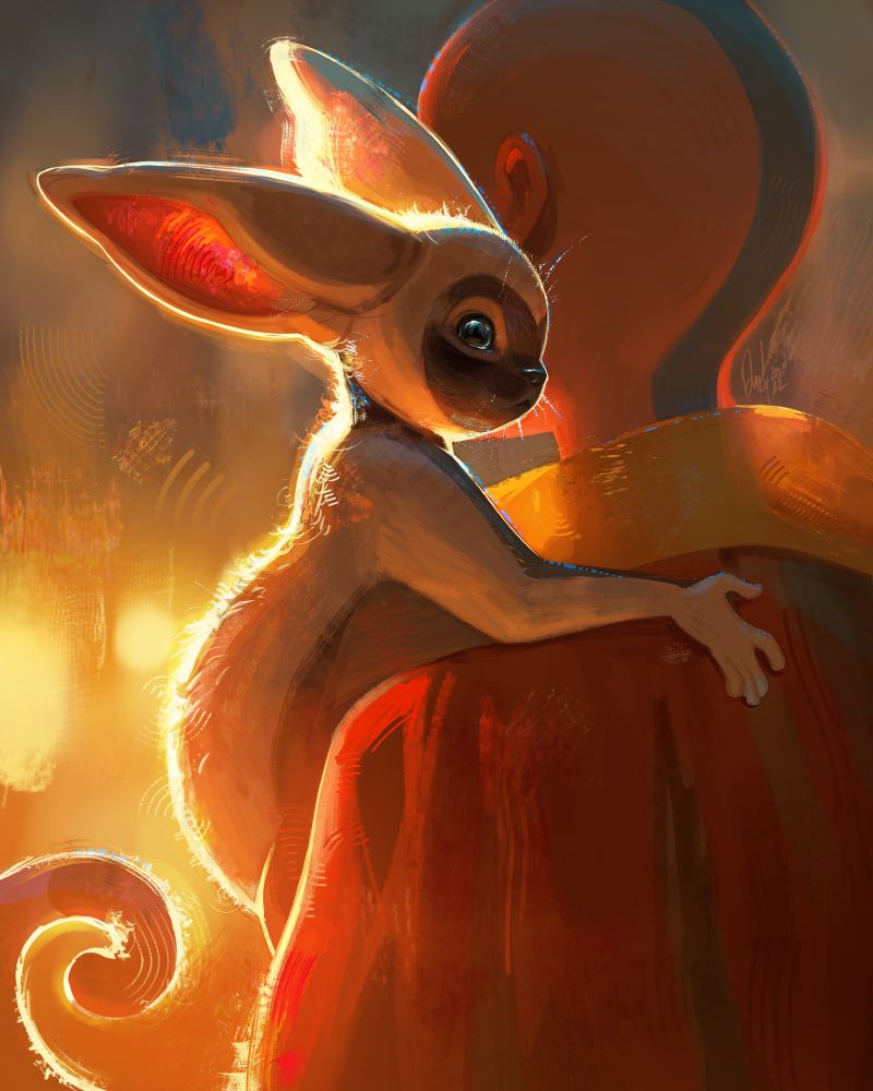 A digitally painted fanart illustration of Avatar the Last Airbender. Momo the adorable flying lemur clings to Aang's shoulder the way baby lemurs cling to their mom. The colors are golden and warm. We see momo's face in profile and aang's is hidden by momo's head.