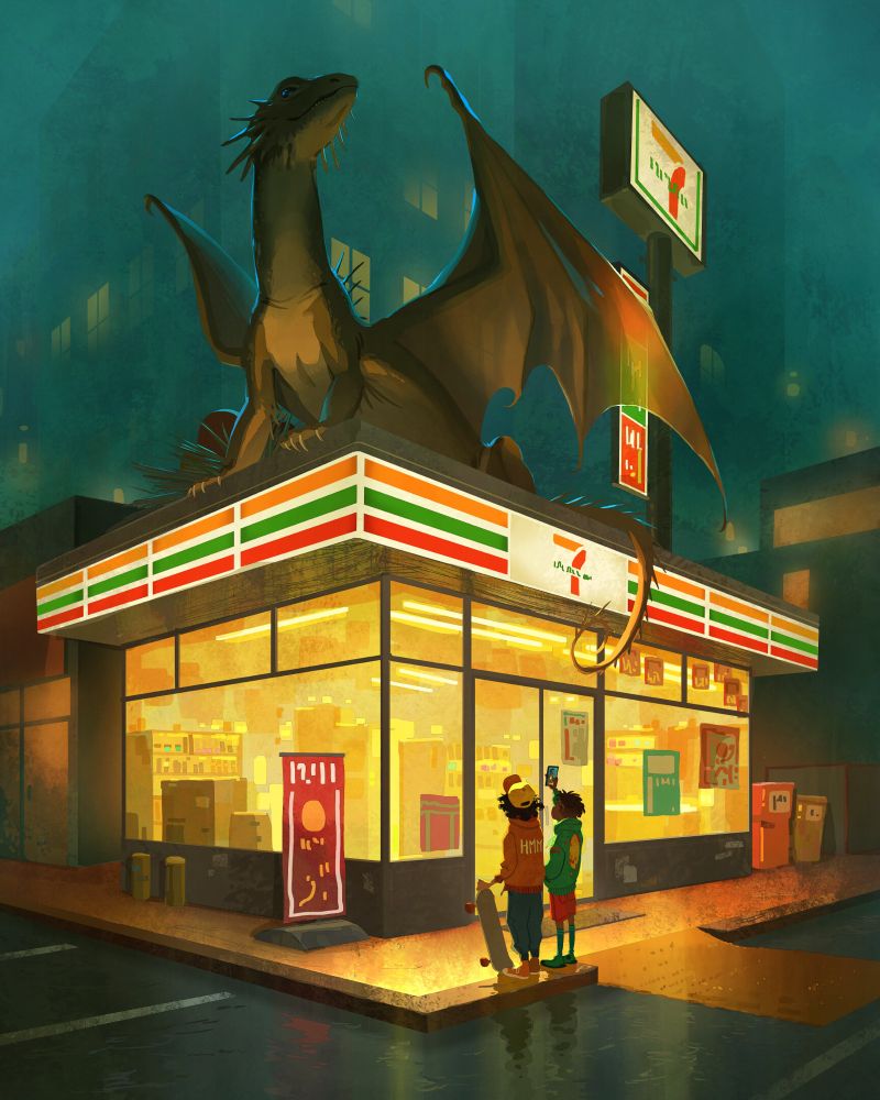 A digital painting of a dragon. Two young boys stand outside a glowing, golden 7/11 corner store. One holds a skateboard, the other snaps a photo of a dragon on the roof of the building. The colors are green, cyan, and yellow. The dragon is dark brown. 