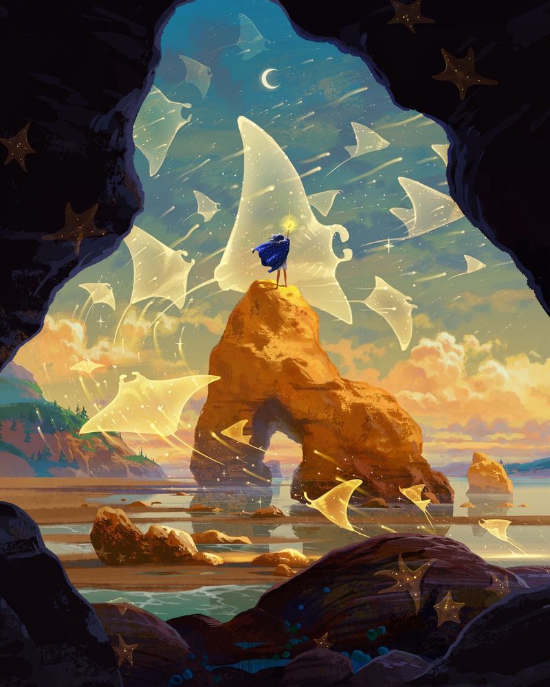 A digital illustration of a beach during golden hour in the afternoon. A girl stands on top of a rocky arch and uses a glowing golden magic power which illuminates from her hand. She is wearing a blue cape with white spots. The golden, starry spirits of massive manta rays swirl in the air around her.