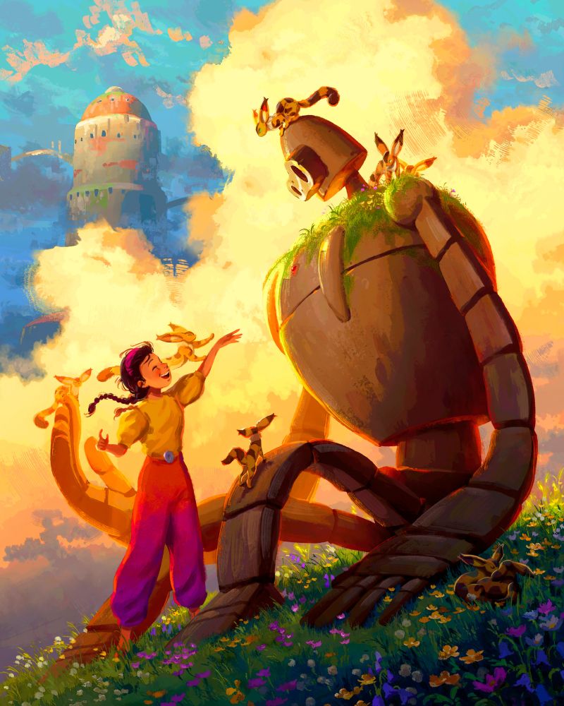 In this digitally painted fanart of Castle in the Sky by Studio Ghibli, we see Sheeta, a young girl with a yellow shirt, puffy pink pants, and two long dark braids, standing on a flower-covered hill at sunset. Her arms are spread wide and little fox creatures run across her shoulder and up her arms. She smiles up at a large robot, also covered in fox creatures, with moss on its shoulders. In the distance we see other buildings of Laputa