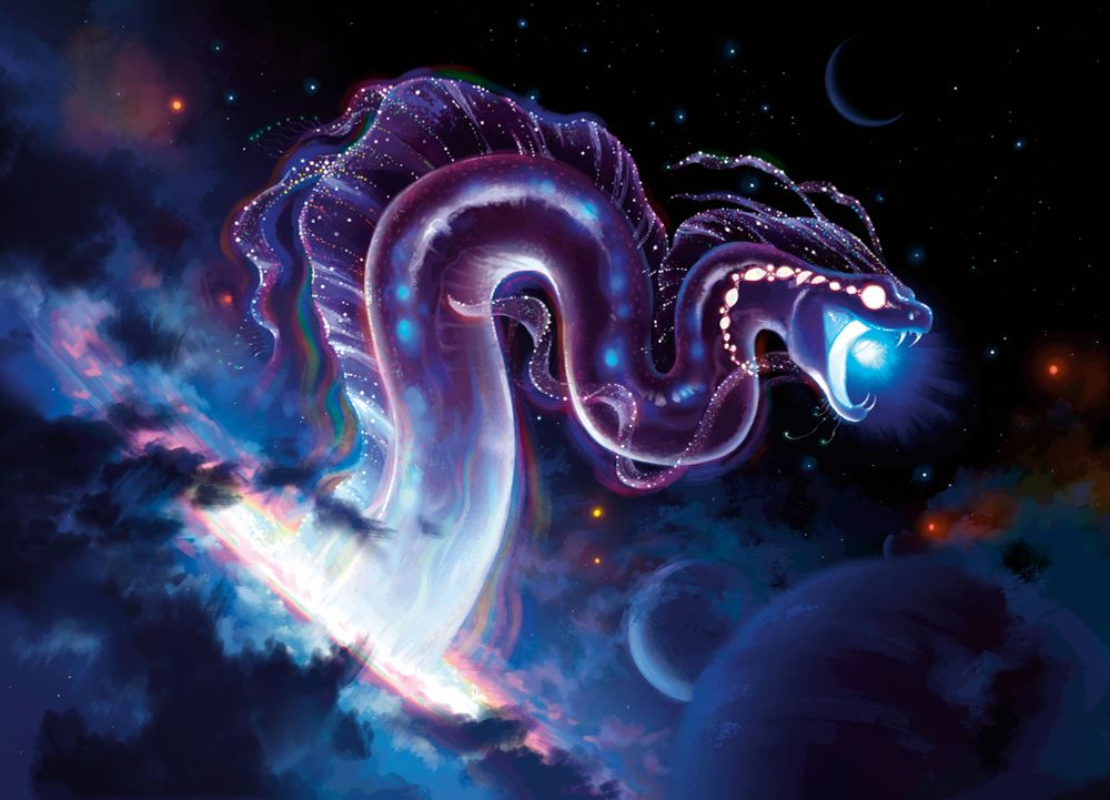A dark purple-blue leviathan winds its way through a massive starscape in space. The leviathan is semi-transparent, and you can see glowing organs inside its body. The mouth glows, and transparent frills along its spine shine with sparkling stars. A necklace of glowing eyes hangs around its neck. It is surrounded by planets and emerges from a glowing portal.