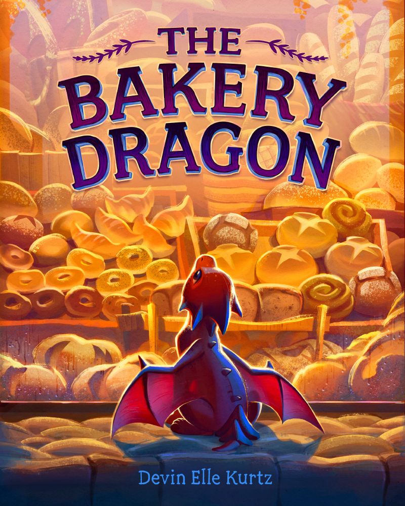 The cover of "The Bakery Dragon" by Devin Elle Kurtz, featuring a small red dragon looking into a golden, glowing bakery window from outside on the street. The window is full of delicious-looking bread. The colors are yellow, gold, red, and purple.