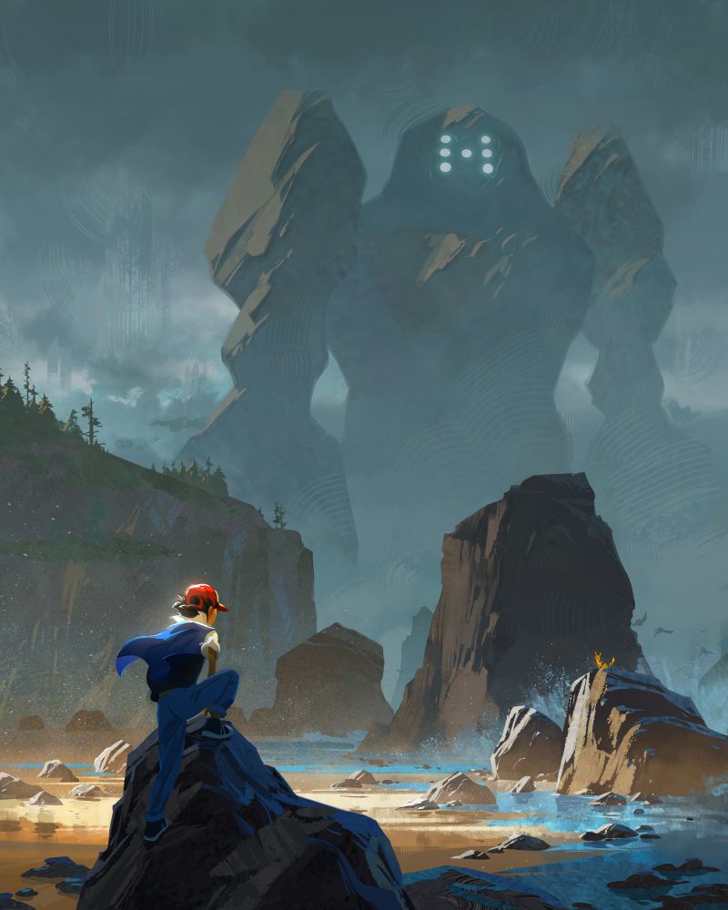 A fanart illustration of Ash finding the Pokemon Regirock on a misty beach. Sun sweeps through the lower third of the image, illuminating rocks, sand, and the shoreline. Ash climbs into a rock in the foreground. Pikachu perches on a boulder in the sun. Regirock towers above the beach, partially obscured by fog in the distance. 