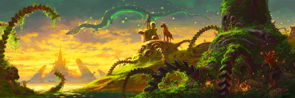 In this scene we see Link and Epona atop a rusted, broken guardian, looking into the distance, with Hyrule castle behind him and a dragon sparkling in the sky. 