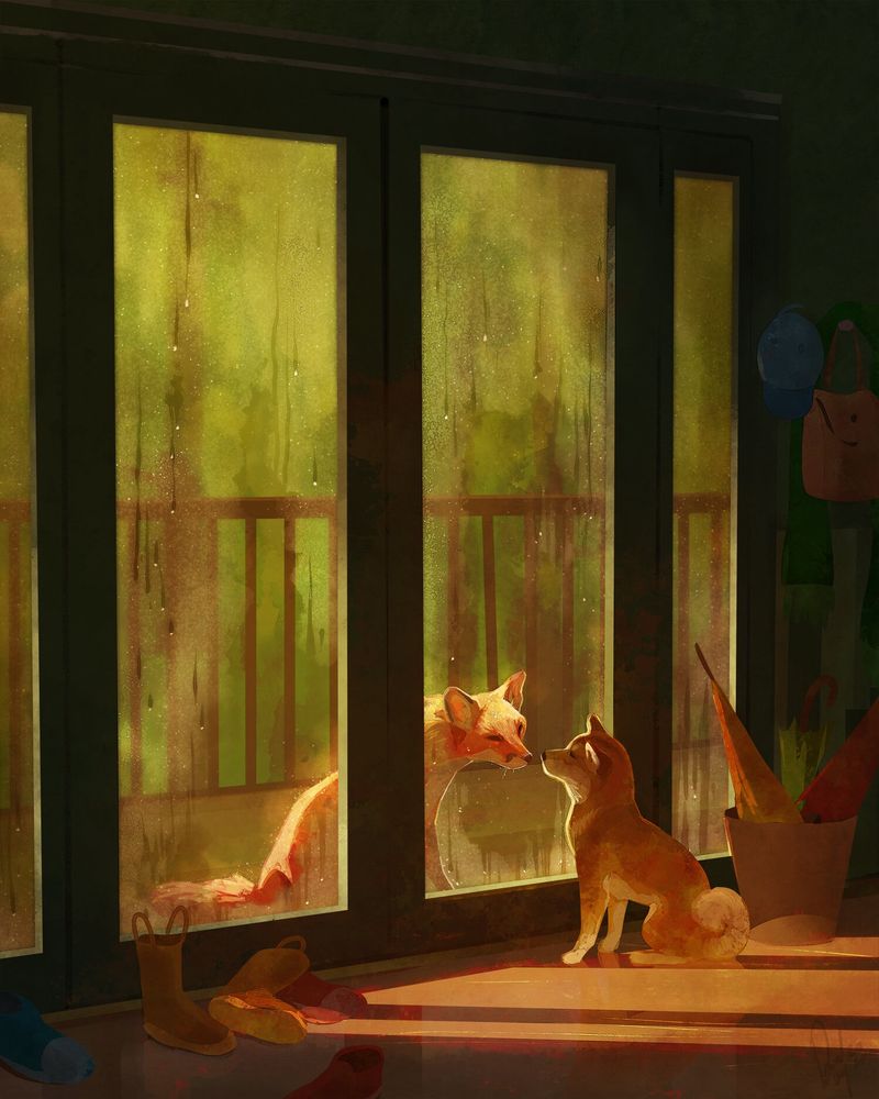 A digital painting of an orange Shiba Inu dog sitting inside a house in the forest, in front of a large glass door. The dog is nose to nose with a red fox sitting outside the glass. The two animals have a very similar appearance. 