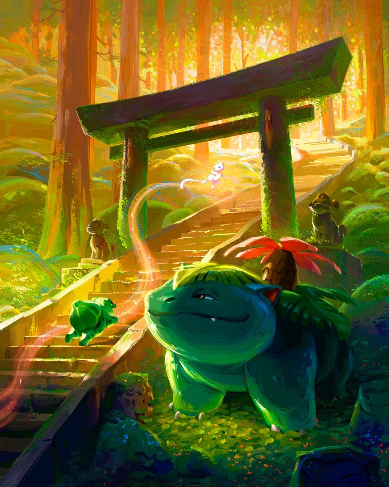 Digitally illustrated fanart of Bulbasaur and Venusaur at a mossy, green shrine. Bulbasaur runs up warmly lit stairs after Mew. Mew hovers under a shrine gate between statues of Growlithe. Venusaur watches from the sidelines with a smile amidst mossy statues of Snorlax. In the distance are glowing, warm trees and dappled light.