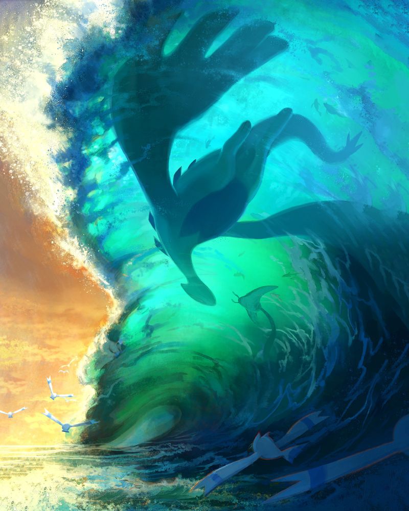 A digital fanart illustration of the Pokemon Lugia, silhouetted in a crashing wave. Lugia is turning with the motion of the wave and facing a mantine. Wingull fly through the tunnel. The sky is an orange sunset, and the wave is backlit cyan.
