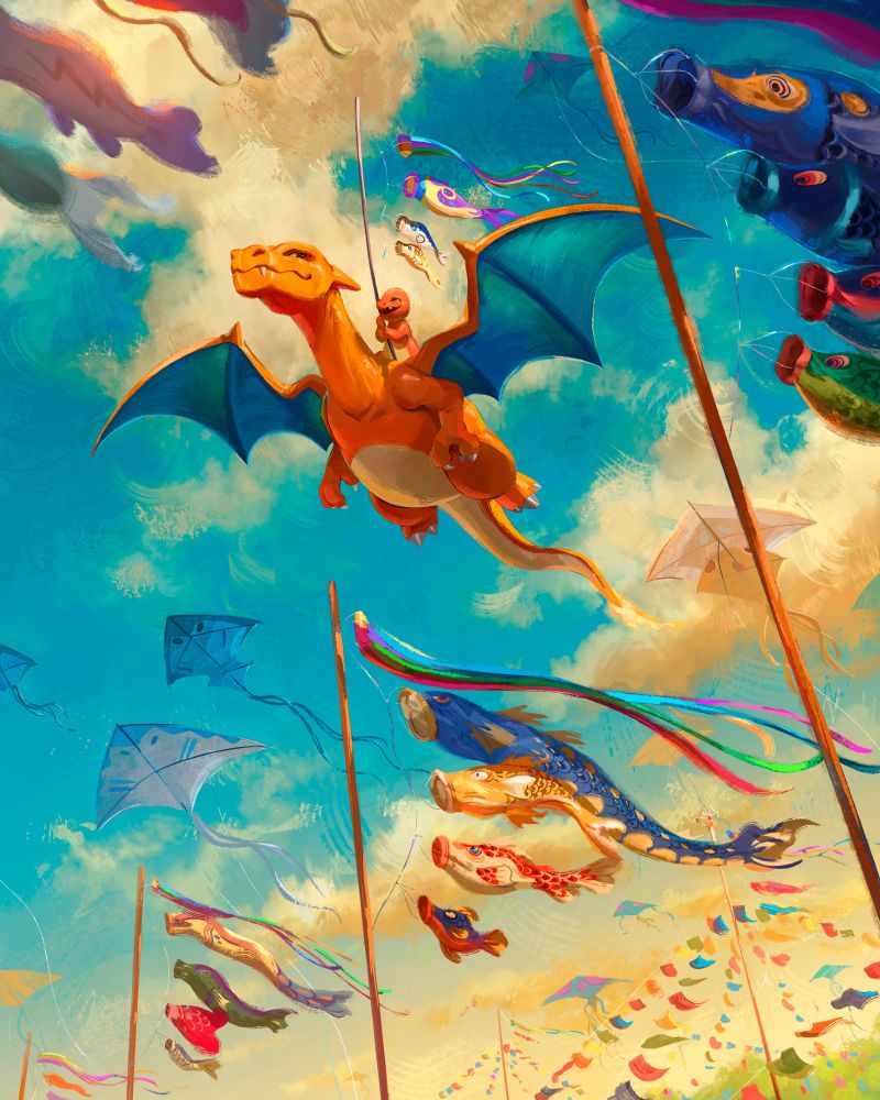 Digitally illustrated pokemon fanart depicting charmander flying on Charizard's back beneath a cloudy blue sky, through a sea of pokemon themed koinobori children's day kites. The kites are modeled after sea pokemon like gyarados, mantine, goldeen, and magikarp. 