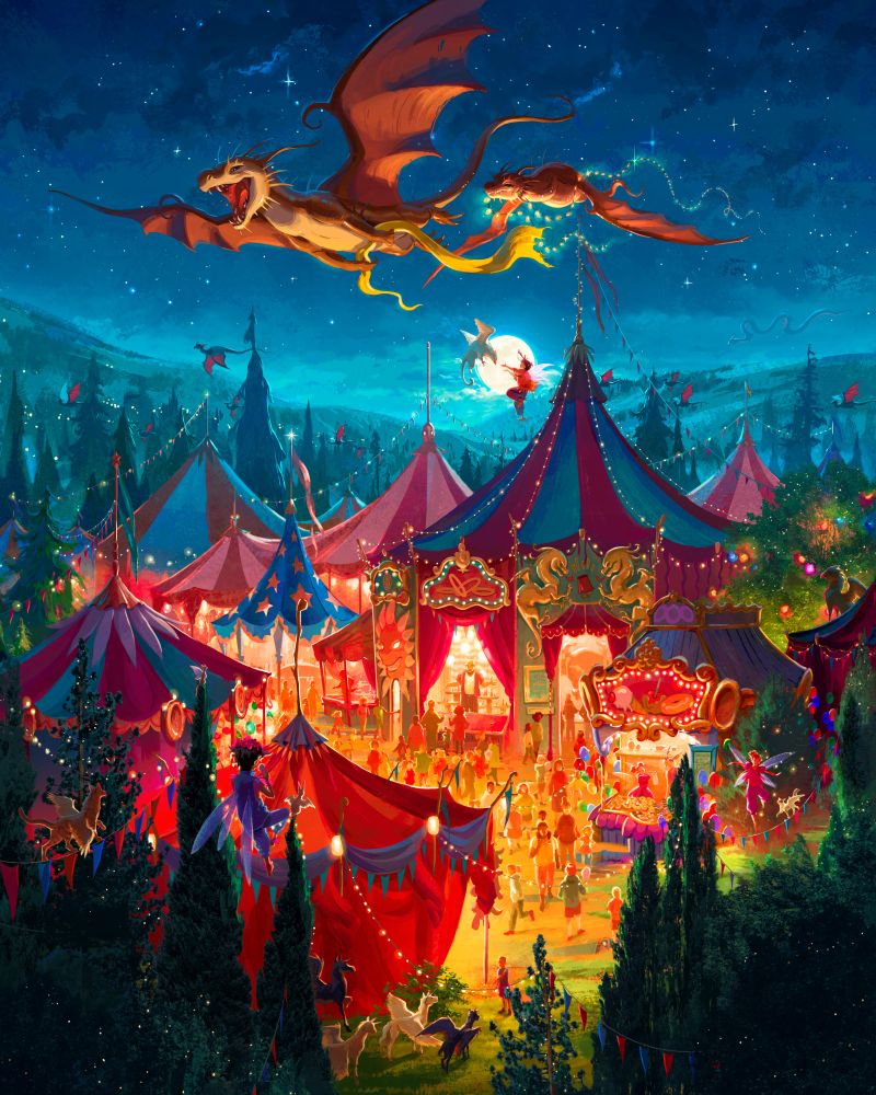 Two cackling dragons soar above a golden, sparkling midnight faire. The dragons have stolen a golden flag and a string of fairy lights. Below, faire-goers (elves, humans, ogres, and fairies) play games, encounter unicorns, eat food, drink, and celebrate. The colors are deep blues, vibrant reds, and glowing golds.