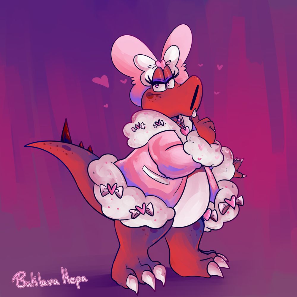 A red birdo with a pink bow with a fluffy pink jacket with heart ribbons on it in a magenta-ish bg.