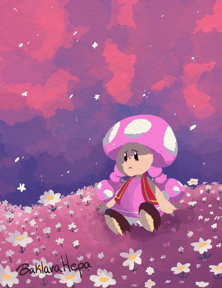 Toadette sitting in a field of flowers in a gloomy background.