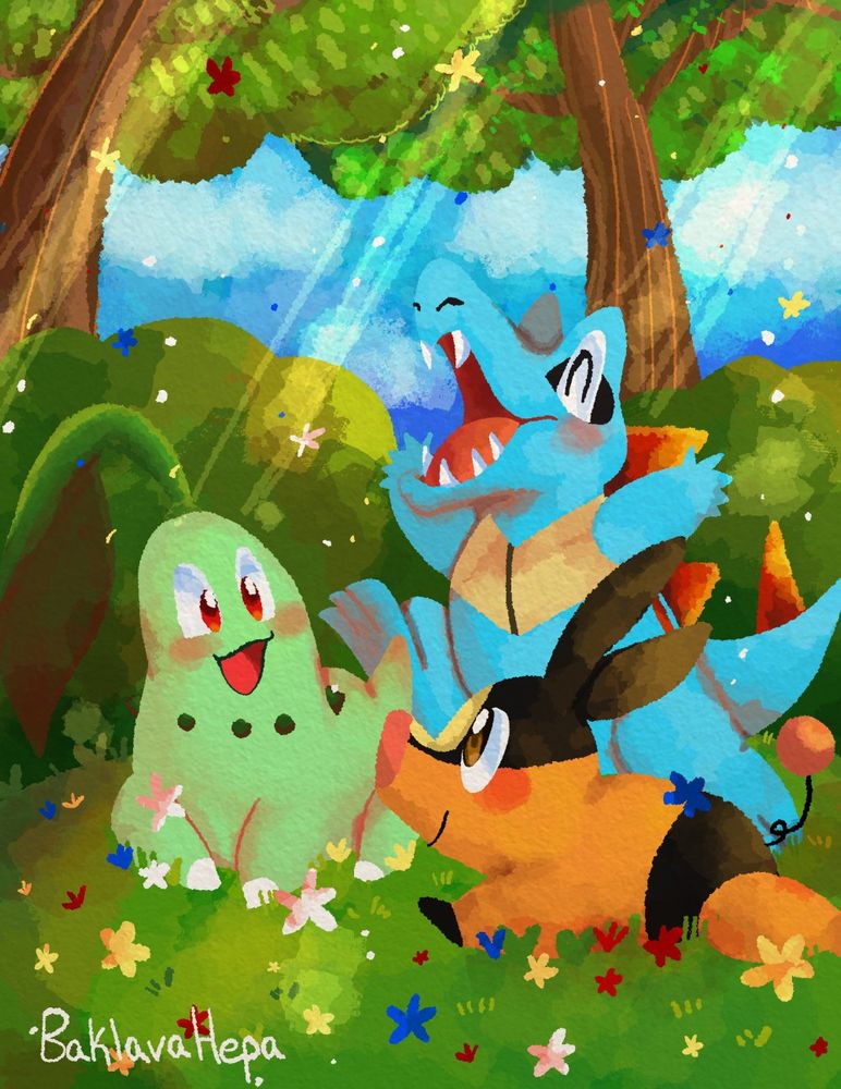 Chikorita, Totodile and Tepig having a nice time in a nature bg. As in grass. 
