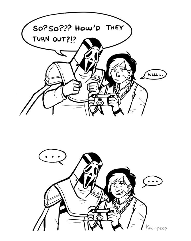The first drawing has an excited Ghostface beside Haddie, both of his hands are fisted in front of his chest as he cheers, "So? So??? How'd they turn out?!?". Haddie is less enthusiastic as she holds the camera in between the two so they can both look. Haddie has a small speech bubble saying, "well..."

The second drawing is posed the same way as the first one. Ghostface looks less happy and Haddie has a forceful smile that lifts higher up on the right side. Both of them are speechless.