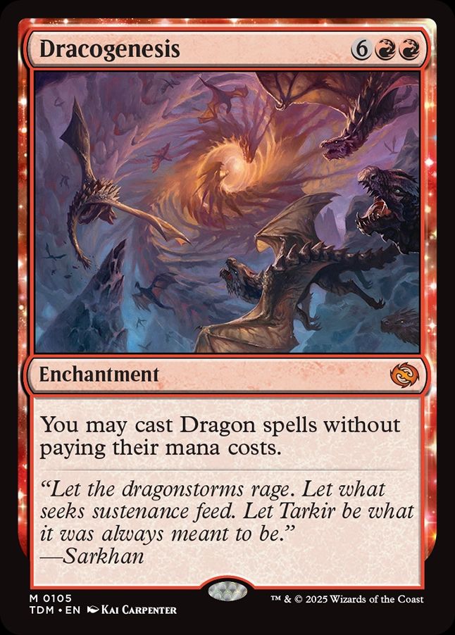 I have already seen enough dragons in the set to say that this has the potential for standard shenanigans.  Along with the variety of ways to cheat this out early (which there is a lot), I am very optimistic of this card working in a omnscience/dracogenesis style brew. With commander, seems to be a solid addition in dragon kindred brews but I have been hearing debates about that. Still, very fun card.