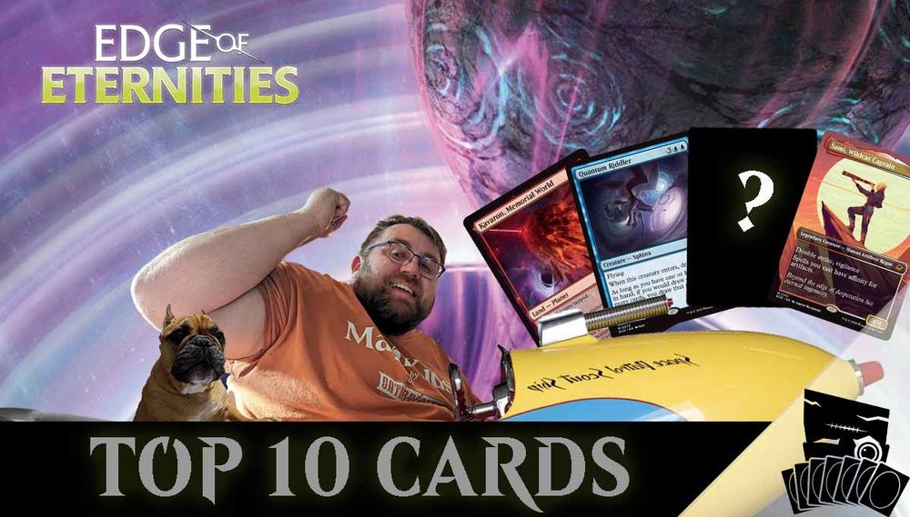 Edge of Eternities Top 10 Thumbnail that shows LevDev riding a space ride with some cards from the set along with Copper his dog.