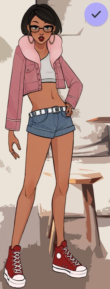 oc: a woman with black glasses and gold hoop earrings, wearing a pink mini jacket, red-and-white shoes, and a pair of denim short shorts with a white belt