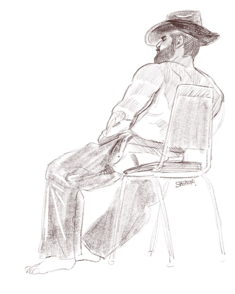 A 15-minute sketch of a man sitting in a chair as viewed from behind, hands in his lap.