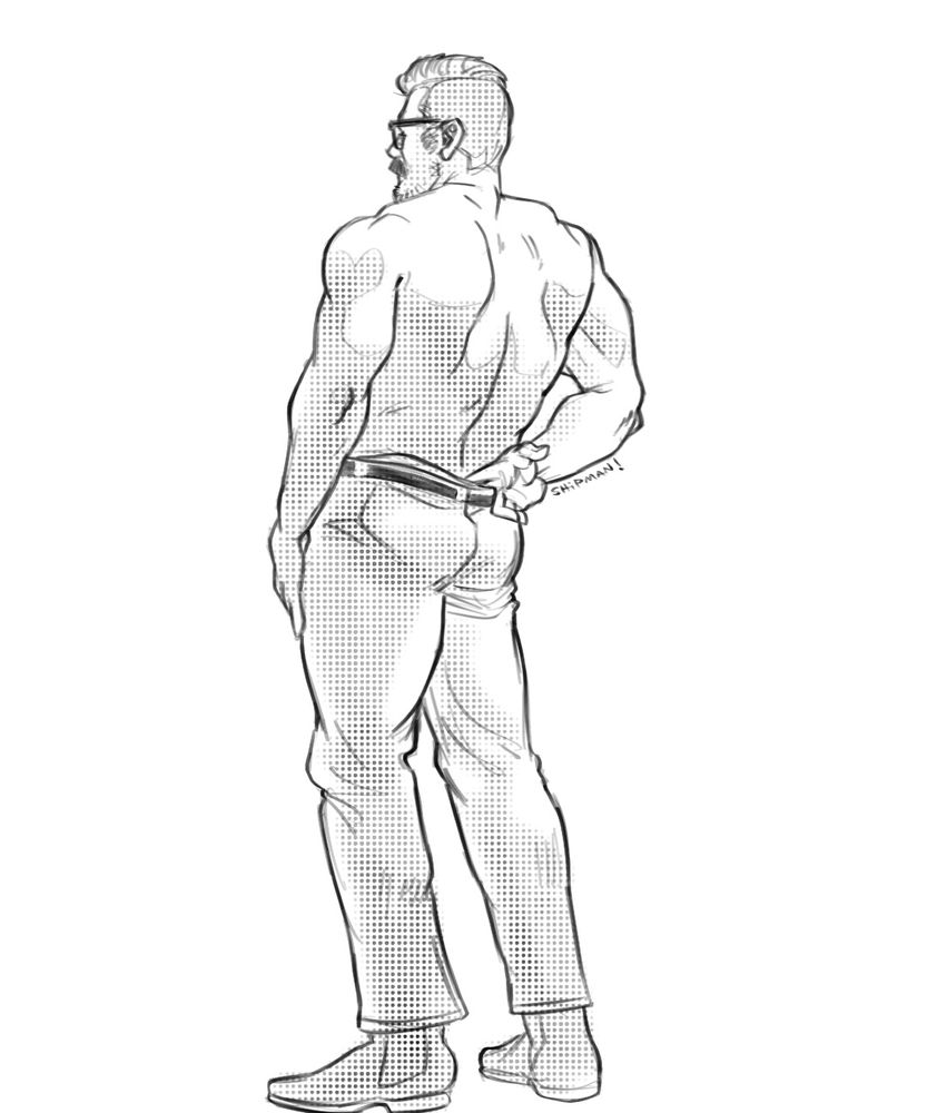 A 10-minute sketch of a man from behind. He’s wearing only jeans, his right hand tucked into his waistband.