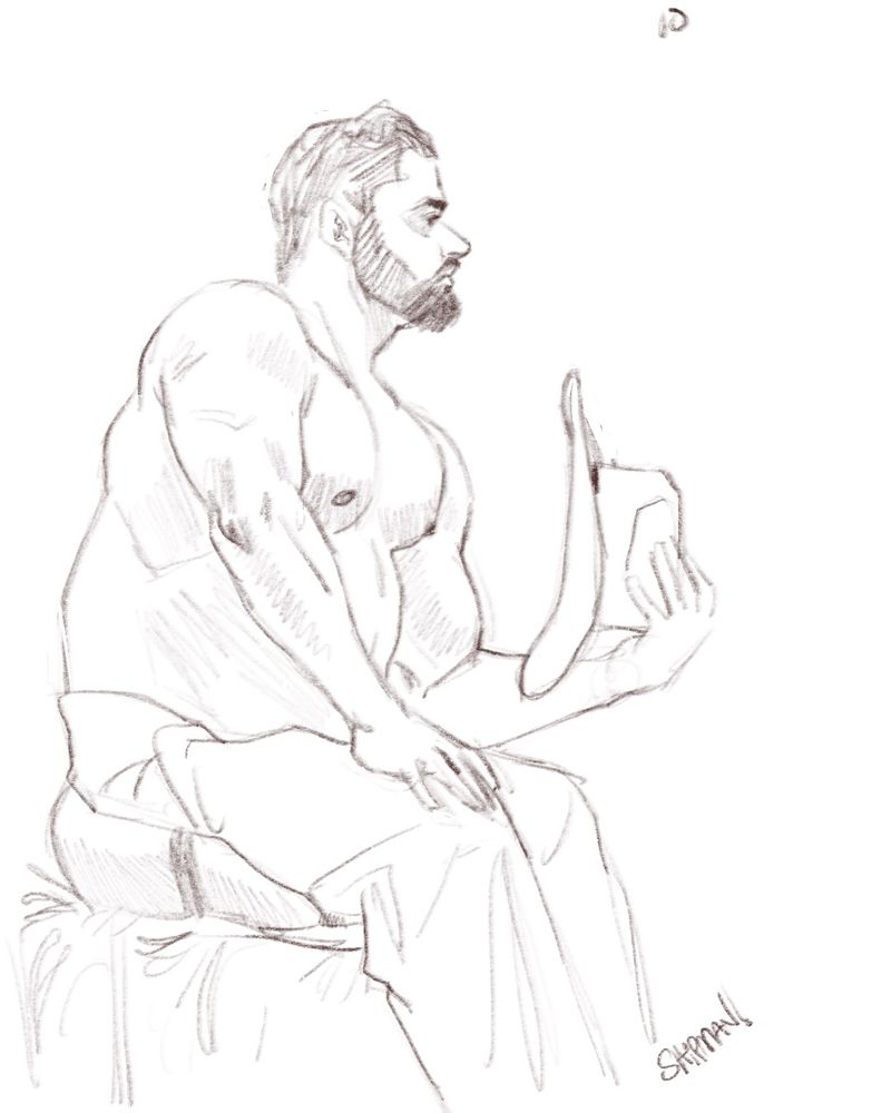 A 10-minute sketch of a man, viewed from the side. He is sitting, right hand on right knee, left hand holding a cowboy hat.