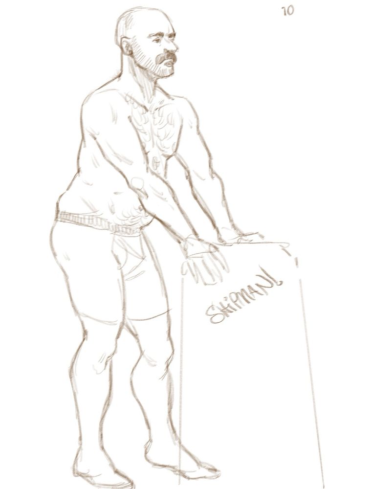 A 10-minute sketch of a man standing, leaning forward against a stool hands placed on either side of it