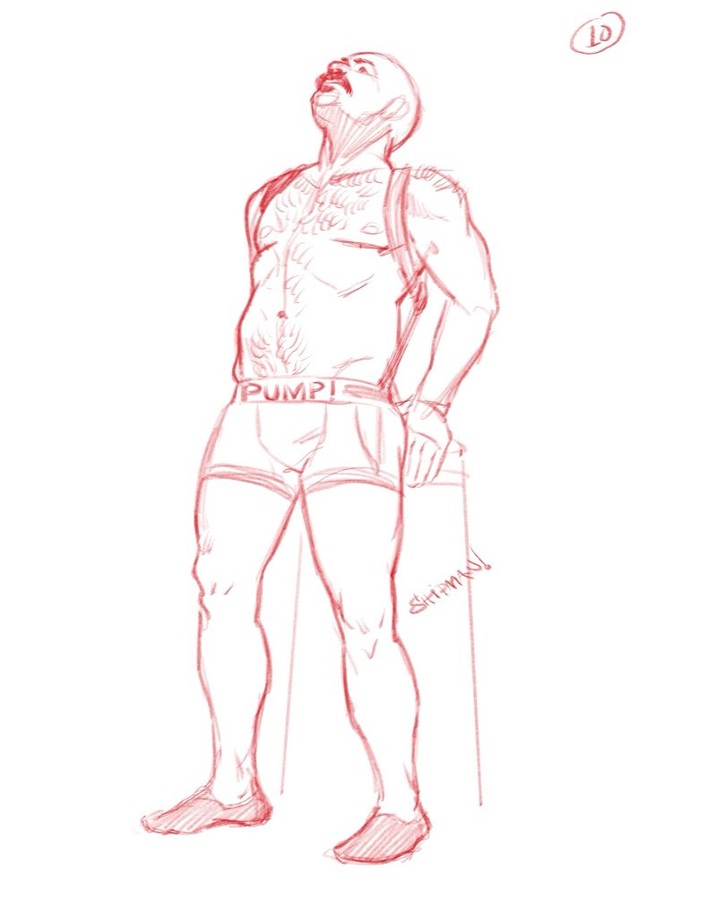 A 10-minute sketch of a man standing, leaning back against a stool while looking up.