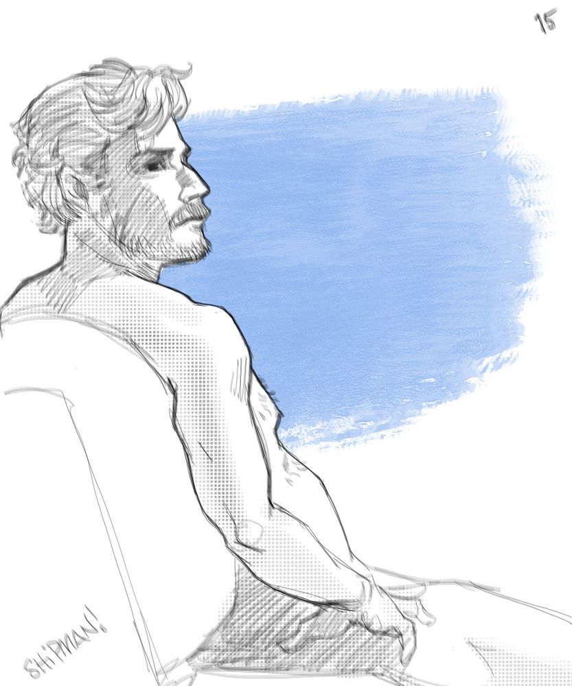 A 15-minute sketch of a man viewed from behind. He’s sitting in a chair. Head looking back over his right shoulder in profile. His right hand on his hip.