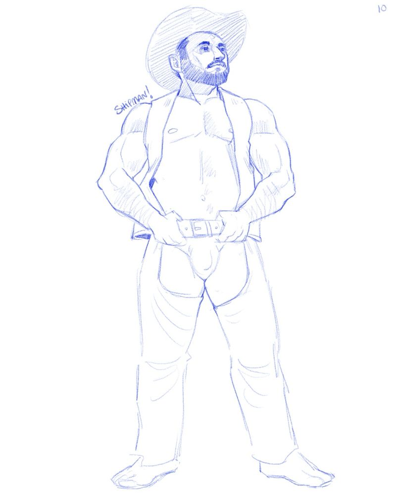 A 10-minute sketch of a man, viewed from the front. He is standing, hands on his belt buckle.