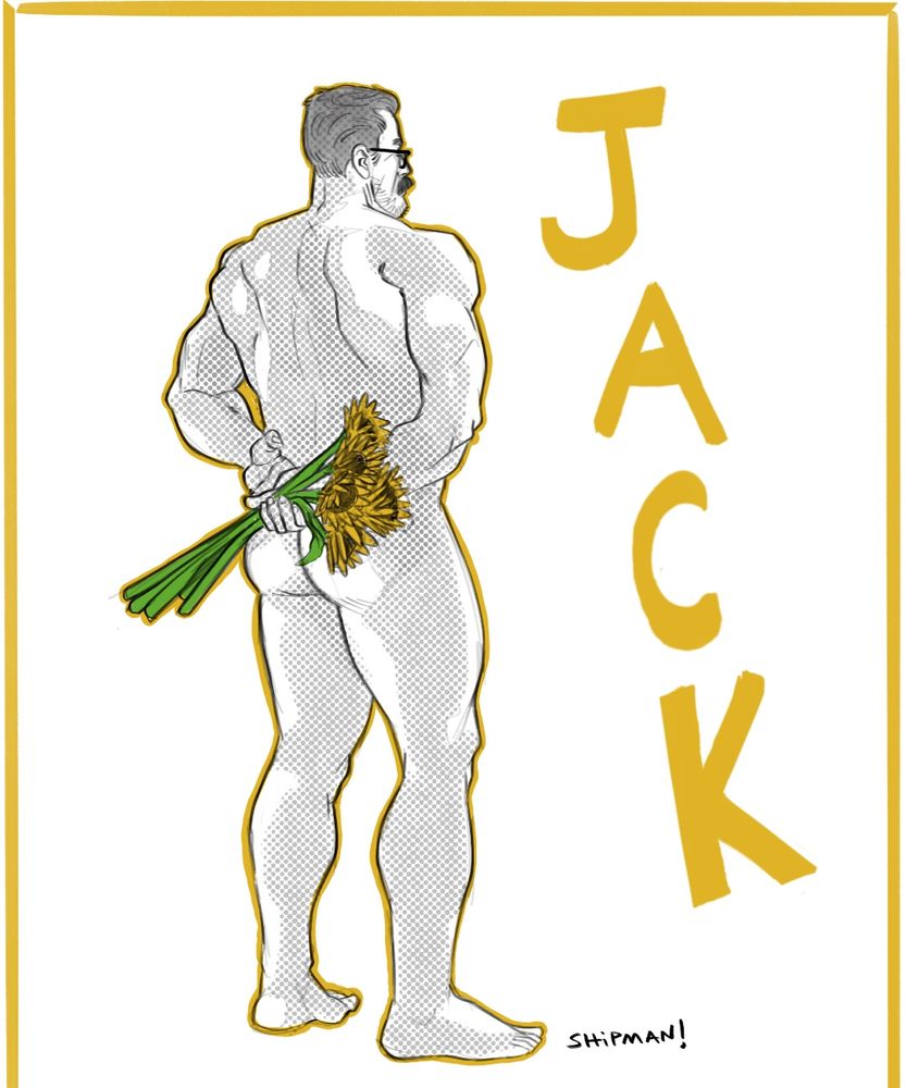 A 10-minute sketch of a man from behind. He’s nude and holding flowers behind his back.