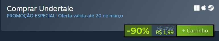 Um screenshot de Undertale na Steam, de R$19,99 por R$1,99.