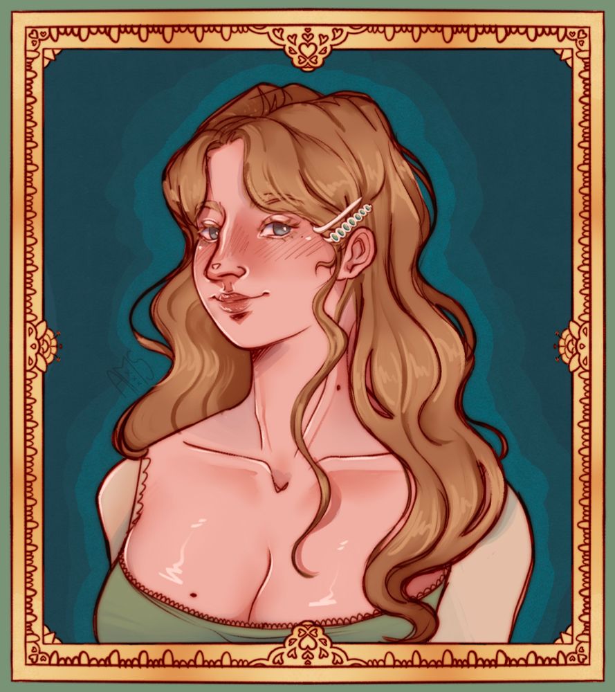 digital drawing of a painting style portrait of cecilia. she’s pictured in an ornate golden picture frame with a blue green background, and is seen wearing a sage green low cut nightgown with translucent long sleeves. her hair is worn down and somewhat messier, but is still pinned on the side of her head with hairpins, one of which is a decorative one including gemstones. drawn on an ipad pro on procreate.