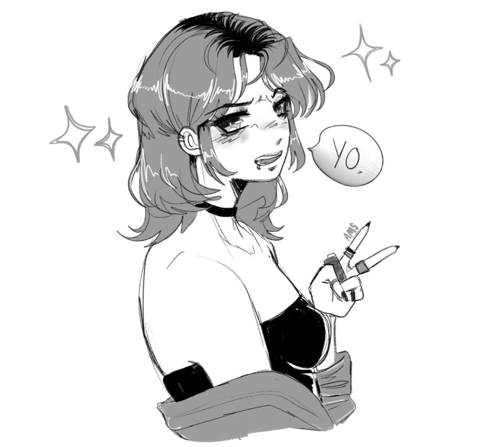 black & white monochromatic anime style sketch of an oc i’m working on. she has messy bangs, framing strands, and shoulder length straight hair with dark/outgrown roots. she is making a snarky expression while doing a peace sign with a lighter in that same hand. her body is turned to the side, while her face is at 3/4 view. she is wearing a plain choker, dark tube top, and a jacket draped around her arms below her shoulders. she has a lip piercing, 2 piercings on her upper ear, a few rings on her hand, and dark nail polish. the speech bubble reads “YO.” and there are a few simple sparkle decals around her. background is solid white. this is a half body shot. drawn on procreate on an ipad pro.