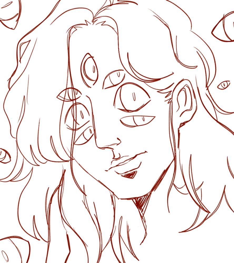 sketch of a disheveled, nervous looking feminine presenting angel. she has a strong jawline, a long, elegant face, thinner lips, and 7 eyes in a radial pattern along her face. she has slightly past the shoulder length shaggy hair with several flyaways and loose hairs. the background has a few eyes looking at the viewer. drawn in maroon/dark red pen on procreate on an ipad pro. 