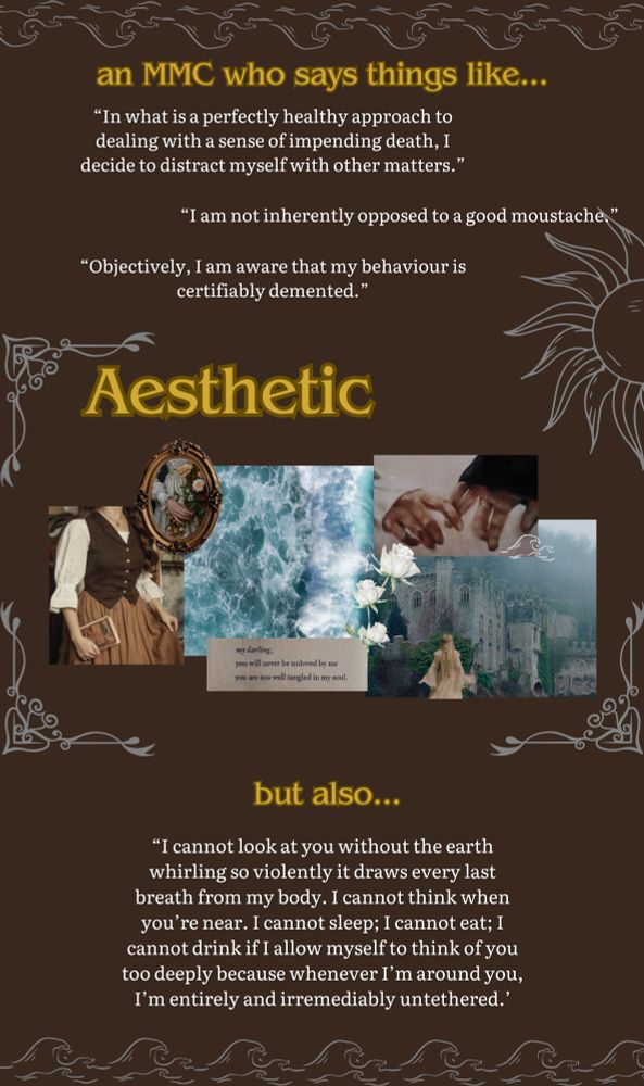 Aesthetic collage showing the ocean, romantic prose, hand holding, white flowers, a castle, and a woman in 1910s/20s style clothing