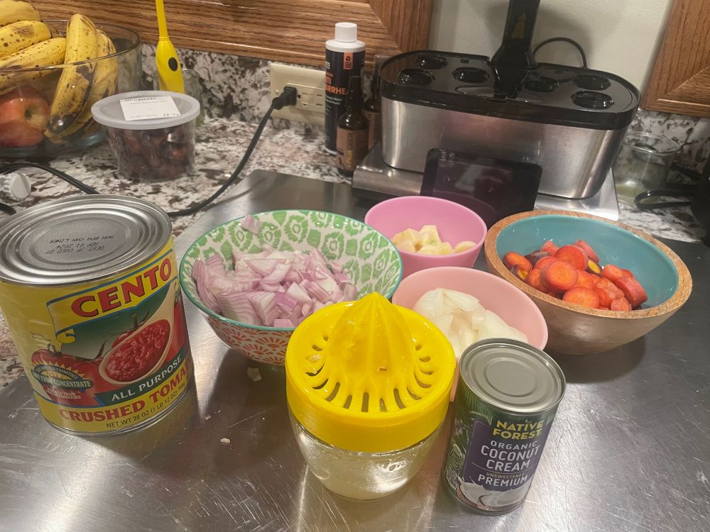 Prep work:
Chop 1 large shallot, and half a small onion
Peel an entire head of garlic, trim and cut the cloves into large chunks
Chop three carrots into rounds
Juice a lemon