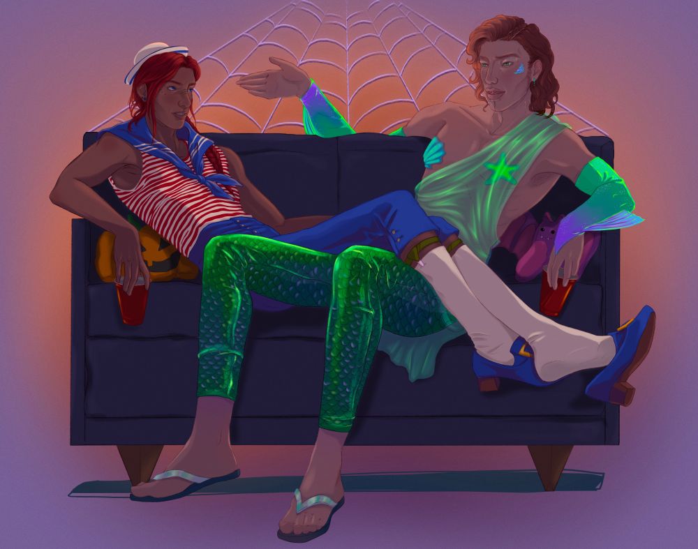 Ohkai & Loba from The Fifth Yanai in Halloween costumes, dressed as a sailor and a merman. They are lounging together on a couch, mid-conversation.