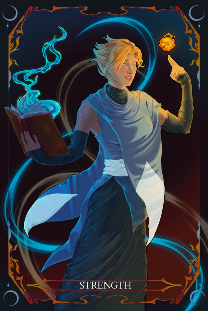 Drawing of Sypha from Castlevania as the Strength Tarot card. 